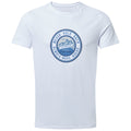 A white t-shirt displays a circular blue graphic featuring mountains with the text NEVER HOLD BACK and ALWAYS MOVE AHEAD along with EXPLORER CLUB and BASE CAMP in a contrasting style and color.