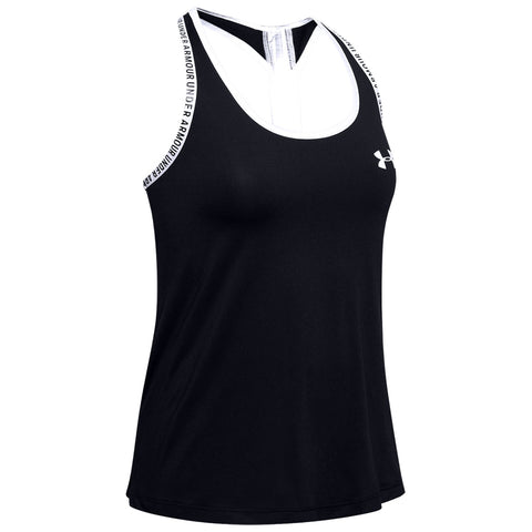 A black athletic tank top hangs with a stylish design featuring white shoulder straps and a fitted silhouette suitable for physical activities in a casual or gym environment.