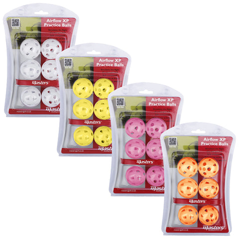 Four packages of Airflow XP practice balls in white yellow pink and orange are displayed together showcasing six balls per pack designed for simulating flights during practice activities.