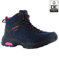 A black and pink waterproof hiking boot stands upright showcasing features like high ankle support and a rugged sole designed for traction in outdoor environments.