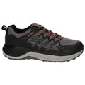 A black and gray athletic shoe features textured fabric and orange laces with a rugged sole designed for traction and stability suitable for outdoor activities and running environments.