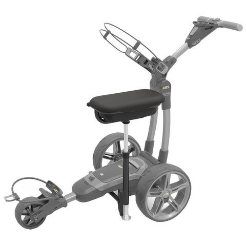 A compact golf push cart with a seat features a flat base, four wheels, and a detachable front wheel. It includes an ergonomic handle and accessories holder, designed for outdoor use.