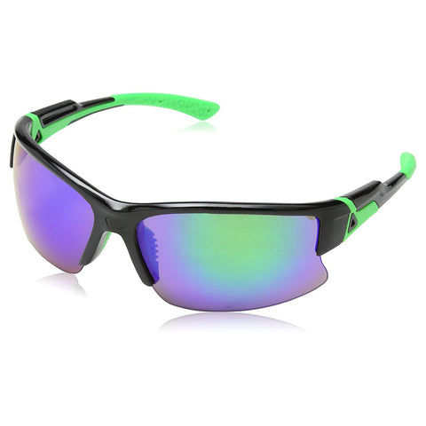 A pair of sporty sunglasses rests on a reflective surface showcasing dark frames with vibrant green accents and mirrored lenses displaying shades of purple and green in bright lighting.