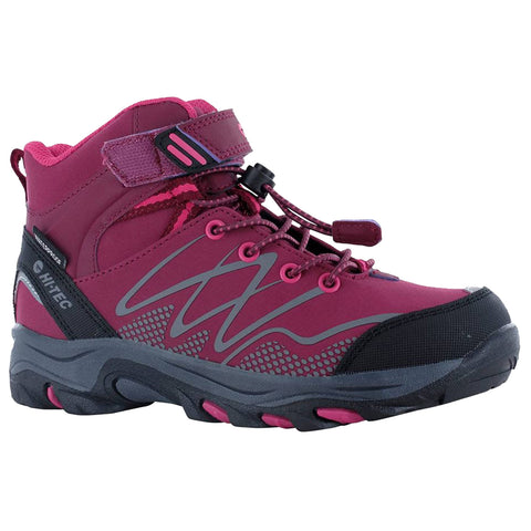 A hiking boot in a dark pink color features a high ankle design with gray accents and a secure lacing system for outdoor activities. Its sturdy sole supports rugged terrain.