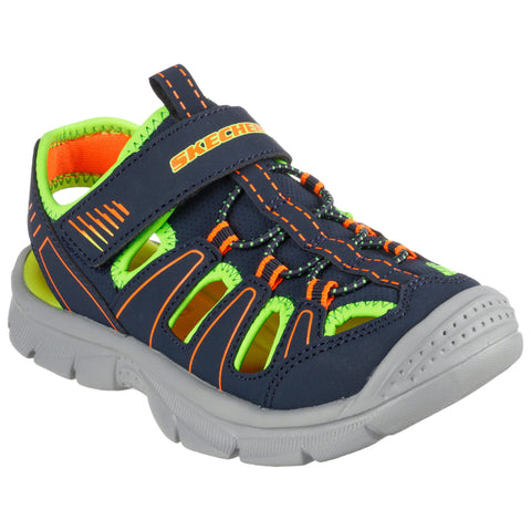 A navy blue sandal-like shoe features bright green and orange accents with a Velcro strap and lace system designed for active wear in outdoor settings.