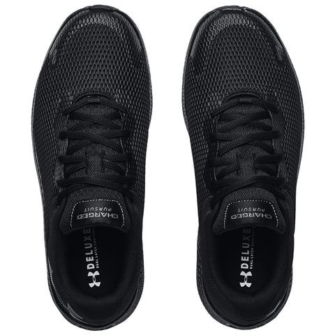 Black athletic shoes are displayed with a mesh exterior and laces. They are positioned side by side on a neutral background. The insoles feature branding and product information.