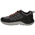 A black and gray running shoe with orange laces is positioned on a flat surface showcasing its streamlined design and textured sole emphasizing grip and stability for active movement.