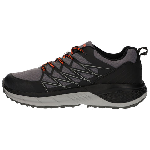 A black and gray running shoe with orange laces is positioned on a flat surface showcasing its streamlined design and textured sole emphasizing grip and stability for active movement.