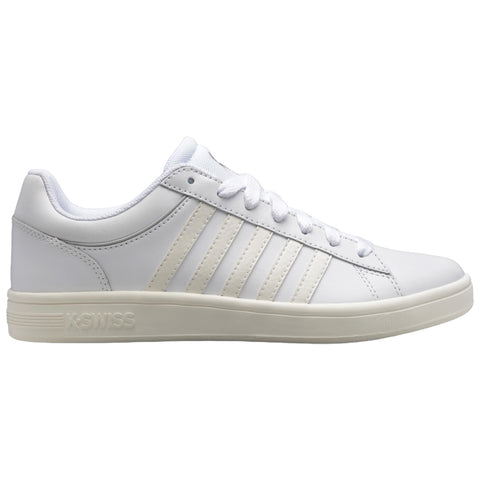 A white sneaker features a smooth leather surface with five vertical stripes on the side and white laces the sneaker is positioned against a blank background.