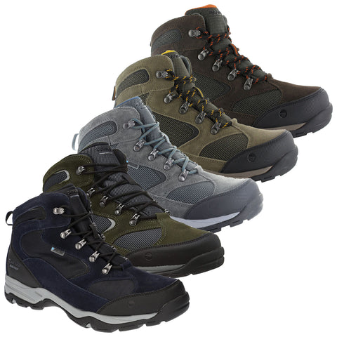 Hi-Tec Mens Storm Waterproof Walking Boots Four pairs of hiking boots are arranged in a row displaying various colors including black gray green and brown showcasing durable materials and lacing systems designed for outdoor activities.