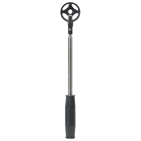 A long metallic pole with a circular black handle at the top is standing upright. The handle features a three-spoke design, suitable for gripping or turning in various applications.