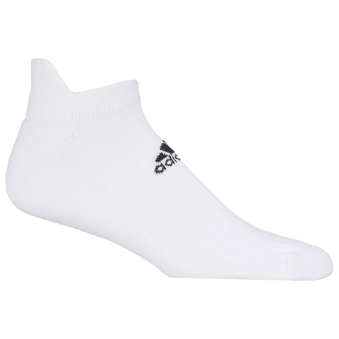 A white ankle sock is displayed upright the sock has a black logo on the side indicating a brand the background is plain and neutral in color.