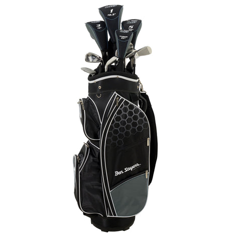 A golf bag stands upright featuring several clubs protruding from the top designed for carrying equipment with zippered pockets for storage and a comfortable strap for easy transport