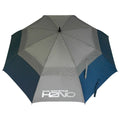 A large umbrella designed for protection against rain features alternating shades of gray and navy blue with the text SUN MOUNTAIN H2NO prominently displayed on its canopy.