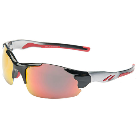 Sporty sunglasses reflect light with a gradient tint showcasing a sleek black frame accentuated by red details designed for active outdoor use set against a neutral background.