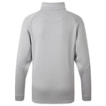 A gray pullover is presented from the back with a high collar and long sleeves showcasing a smooth fabric surface and minimalistic design emphasizing a casual and comfortable appearance.