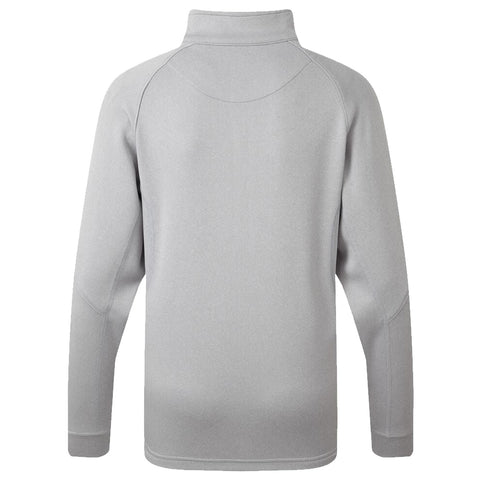 A gray pullover is presented from the back with a high collar and long sleeves showcasing a smooth fabric surface and minimalistic design emphasizing a casual and comfortable appearance.