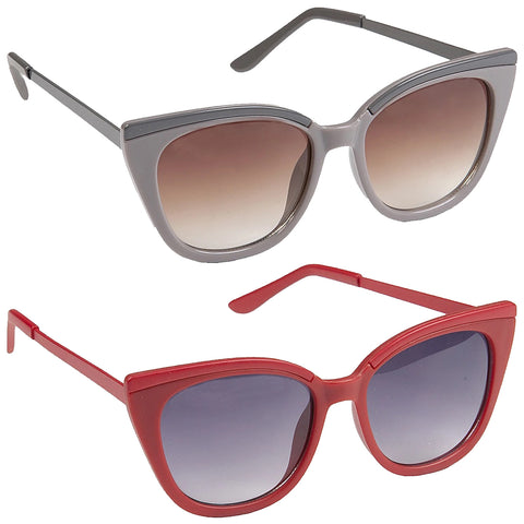 Eyelevel Ladies Tammy Sunglasses Two pairs of stylish sunglasses are displayed side by side one is gray with gradient lenses and the other is red with darker lenses showcasing a fashionable design and vibrant colors