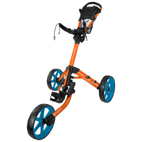 A vibrant orange golf push cart with three wheels is positioned upright showcasing its sturdy frame and large blue wheels designed for easy maneuverability on a golf course.