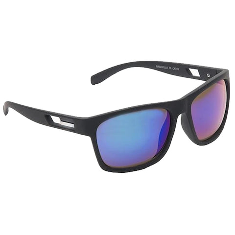 Black sunglasses with blue mirrored lenses are presented at an angle displaying their sleek design and bold shape in a neutral background that emphasizes their features.