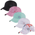 Five caps arranged in a row display various colors and patterns including black pink mint white and a patterned design showcasing a logo in the center of each hat.