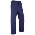 Navy blue waterproof pants stand upright showcasing their elastic waistband and side pockets in a plain white background setting designed for outdoor or casual wear.