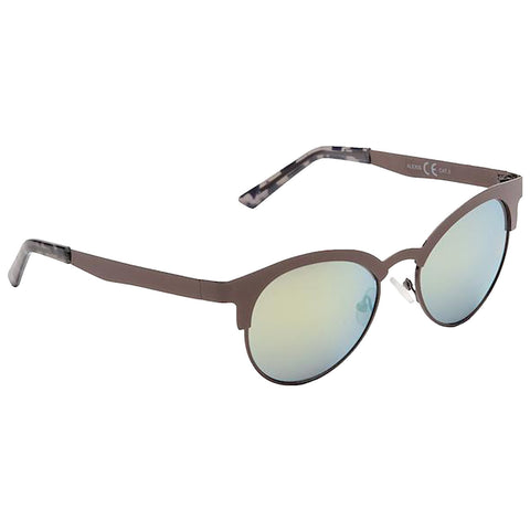 A pair of stylish sunglasses features large round lenses with an iridescent tint supported by a sleek frame with a muted color and patterned temple arms against a plain white background.