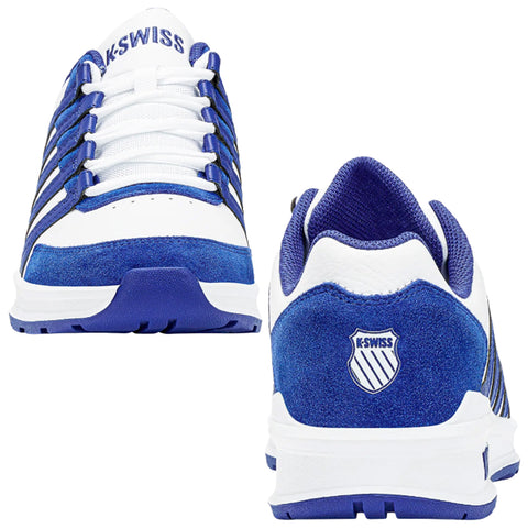 Blue and white athletic shoes stand upright showcasing their design with laces threaded through loops and a logo on the heel the context appears to be a plain background