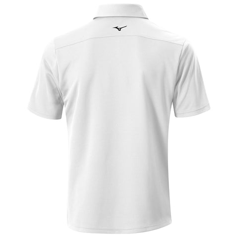 A white polo shirt is displayed with short sleeves and a collar the back features a small black logo the overall look is simple and classic suitable for casual or athletic wear