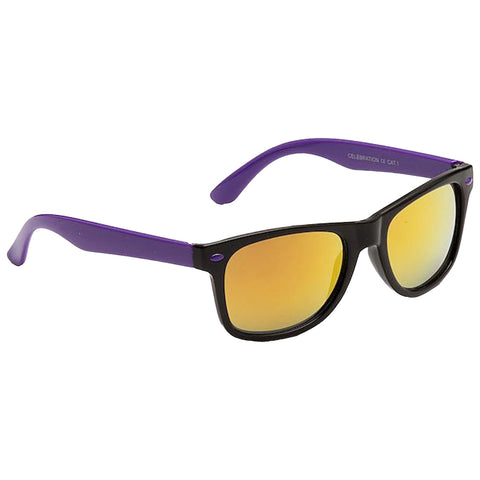 Sunglasses with black frames and purple temples reflect a yellow gradient lens resting on a white background, suggesting a fun and stylish accessory for sunny occasions.