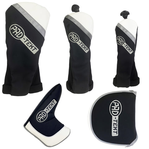 Golf club headcovers are displayed in various positions. They protect clubs from damage. The context shows them on a plain background emphasizing their black and white design with branding.