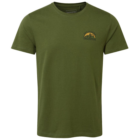 A green t-shirt is displayed front view featuring a small mountain logo and the text "ADVENTURE CRAGHOPPERS" on the left chest area in a casual setting.