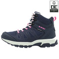 A hiking boot is positioned upright showcasing its navy upper material with pink laces and detailing the waterproof feature and rugged sole designed for outdoor activities against an unspecified background.