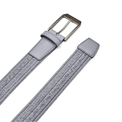 A grey woven belt with a shiny metal buckle lies flat on a white background showcasing its textured pattern and leather ends designed for fastening around the waist.