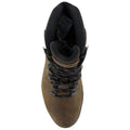 A brown hiking boot rests upright featuring a padded collar and black laces with hooks securing the front while emphasizing durability suitable for outdoor activities.