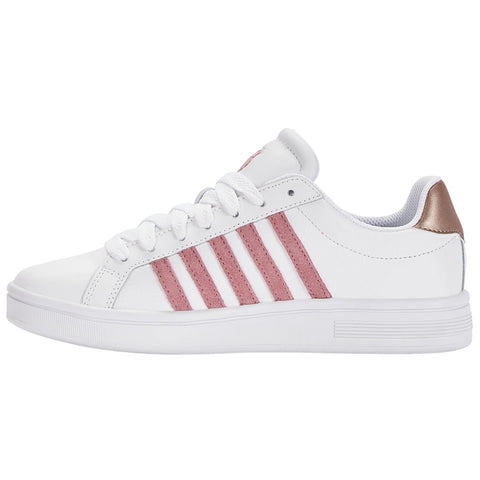 A white sneaker features pink suede stripes and a metallic heel accent with laces fastened providing a casual sporty style suitable for various settings.