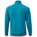 A turquoise sweater is displayed from the back showcasing a stand-up collar and long sleeves with contrasting striped detailing at the cuffs and hem in red and white.