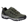 A green athletic shoe with a mesh upper and rugged sole is positioned upright showcasing its design for outdoor activities in a neutral background emphasizing its features.