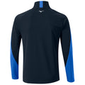 A black long-sleeve athletic jacket with blue accents is displayed from the back showcasing a high collar and a logo at the neck area suitable for sports or casual wear.