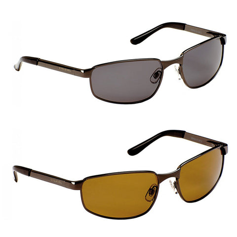 Two pairs of sunglasses are displayed one above the other the top pair has dark lenses while the bottom pair has amber lenses both have black frames with a sleek design