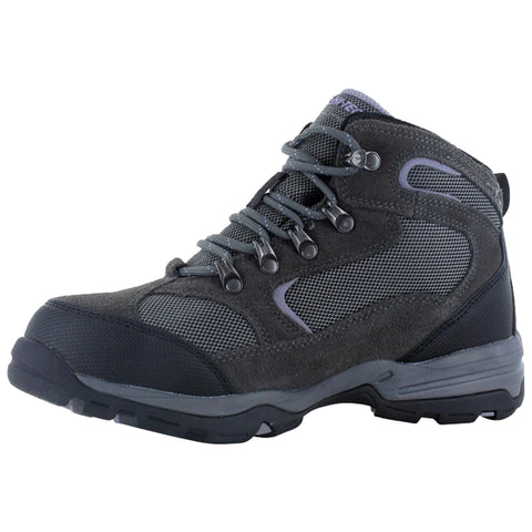 A gray hiking boot features a sturdy rubber sole mesh panels and reinforced eyelets for laces indicating its purpose for outdoor activities in rugged terrain.