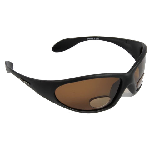 Sunglasses with a black frame and brown lenses rest at an angle showcasing a sporty design suitable for outdoor activities against a plain white background.