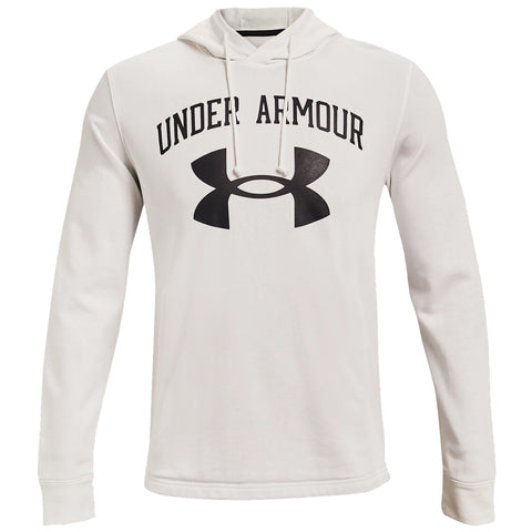 A white hooded sweatshirt features the text "UNDER ARMOUR" above a large black logo. It is designed for casual wear or athletic purposes.