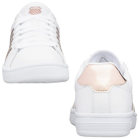 White athletic shoes with rose gold accents are positioned side by side showcasing the front and back. The shoes have a sleek design and are suitable for casual wear or sports activities.