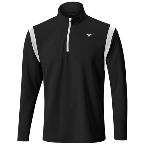 A black long-sleeve athletic shirt with a half zipper and a white stripe on the shoulders is displayed against a plain background showcasing its sleek design suitable for sportswear.