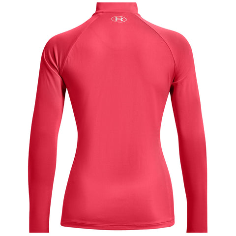 A long-sleeved, fitted athletic shirt in bright red is displayed with a high collar and a logo on the back, designed for active wear in sports or fitness settings.