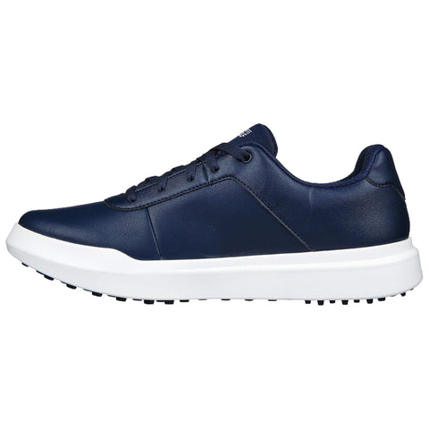 A navy blue sneaker is displayed sideways with a smooth leather upper and white rubber sole featuring small traction nubs providing a sporty and casual design suitable for various environments.