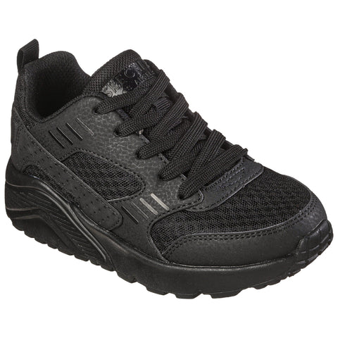 A black athletic sneaker features a textured surface with mesh panels and sturdy laces designed for comfort and support suitable for casual or active wear.