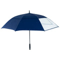 A large navy blue umbrella is open displaying its fabric with a clear section while its handle remains upright ready to provide shelter from rain or sun.