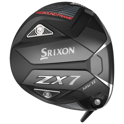 A golf driver club is displayed featuring a sleek black design with silver accents and branding Srixon ZX7 MK II while showcasing a Rebound Frame for enhanced performance in a golfing context.